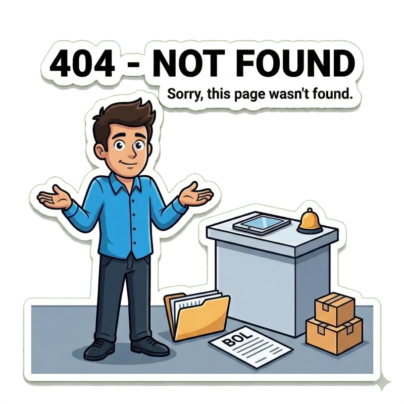 404 - Not Found illustration showing a person shrugging at a shipping desk